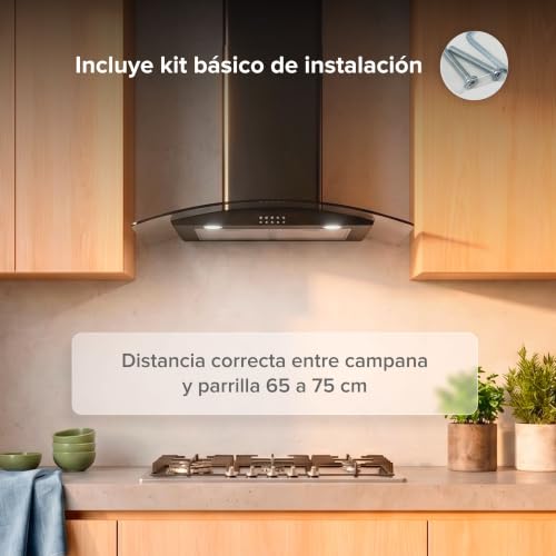 AVERA Campana de cocina 80 cm de pared negra, 3 velocidades, Luz LED, Filtro de carbón activado, Filtro de malla metálica lavable, Acero inoxidable y vidrio templado, Diseño curvo | CEV80N