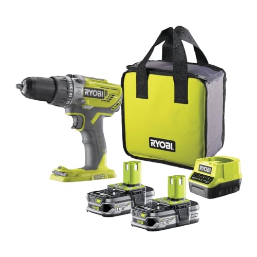 RYOBI 18V ONE+ 2-Gang Akku-Schlagbohrschrauber R18PD3-215S (13mm Bohrfutter, 24 Drehmoment Einstellungen, Max. Bohr Ø in Holz|Stahl|Mauerwerk 38/13/13