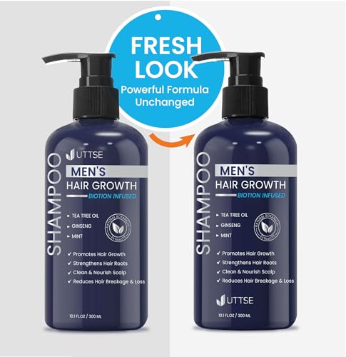 Uttse Biotion Hair Growth Shampoo for Men: Natural Thickening Shampoo with Tea Tree Oil Ginseng Mint for Hair Loss and Thinning Hair - 10.1 fl.oz, Dark Blue