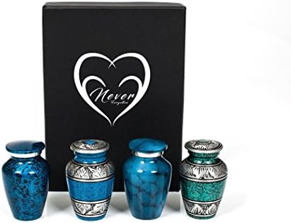 Never Forgotten Keepsake Urns Set of 4 in Shades of Blue with Display Box - Keepsake Urns - Token Urns - Suitable as Urns for Human Ashes or Pet Cremation Urns - Handcrafted and Affordable Mini Urns