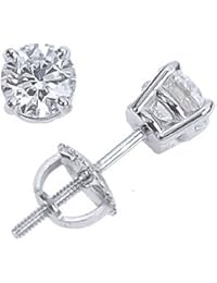 2 Carat Solitaire Diamond Stud Earrings Round Cut 4 Prong Screw Back (I-J Color, I2=I3 Clarity)