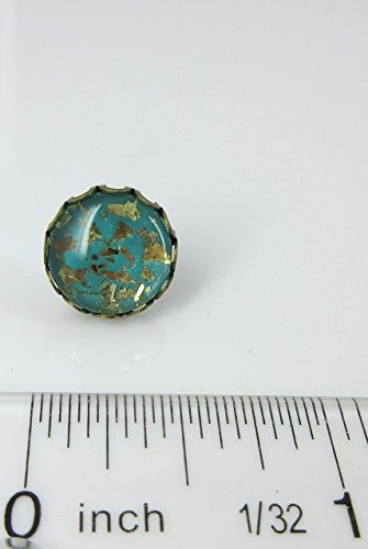 Antiqued Gold-tone Teal Blue Green Glitter Glass Stud Earrings Hand-painted 12mm - Thumbnail 3