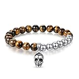 JSstudio Tiger Eye Bracelet, Stress Relief Natural Crystals and Healing Stones Energy Yoga Prayer Bead Bracelet for Men Women Unisex Couples, Viking Hippie Devil Skull Gemtone Mens Anxiety Bracelets