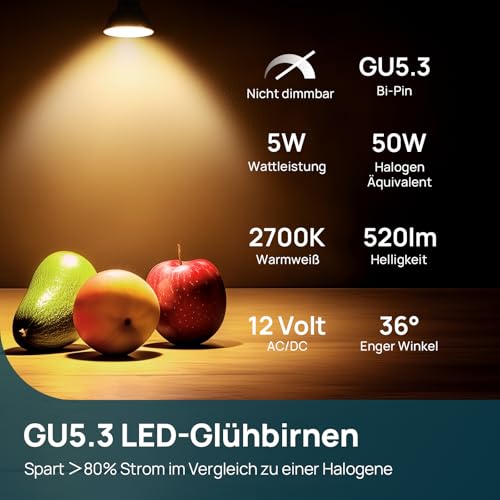 Linkind GU5.3 MR16 LED 5W Lamp 12 V, 50 Watt Replaced, 2700 K Warm White 36° Beam Angle LED Spot MR16, 520 Lm AC/DC 12 Volt Bulb, Not Dimmable, Pack of 5