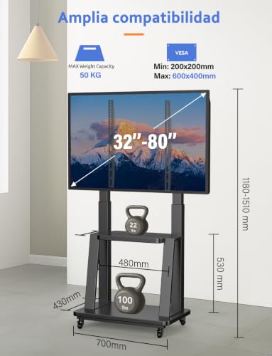 SHTUMEC Soporte de TV Móvil con Ruedas para 50 55 60 65 70 75 Pulgadas,Carrito TV Universal de Suelo con Altura Ajustable,Soporte de Piso VESA 200x200-600x400 mm,Base de Pantalla Móvil 32-80 Pulgadas