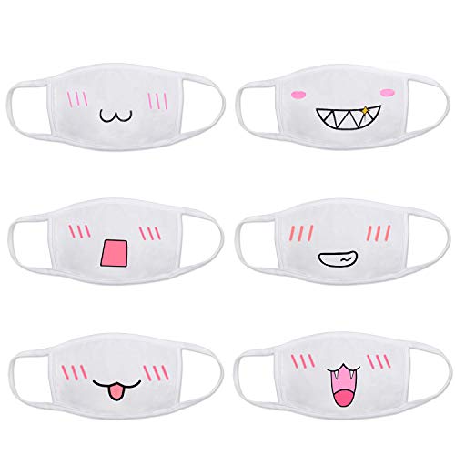 eMingo 6 pcs Kawaii Cute Mask Anti-Dust Kaomoji Emoticon Anime Mouth Face Masks Cotton for Kids Boy and Girls,White