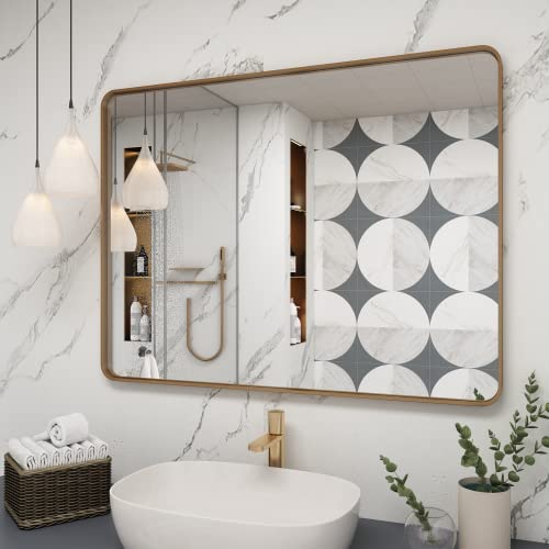 CHARMOR 40x32 Gold Framed Mirror for Bathroom, Brushed Gold Brass Bathroom Mirror with Metal Frame, Modern Rectangle Vanity Mirror for Wall, Shatterproof, Anti-Rust