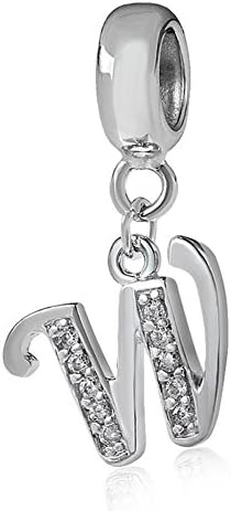 Alphabet Charm Letter Beads Solid 925 Sterling Silver with Cubic Stones, Complete A~Z Gift Options fit Pandora European Bracelets (W)