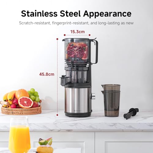AMZCHEF Cold Press Juicer Machines, Slow Masticating Juicer with Low Noise DC Motor & Triple Filter, 160mm Wide Chute & 2L Capacity for Whole Fruits and Vegetables, Easy to Clean, Stainless Steel