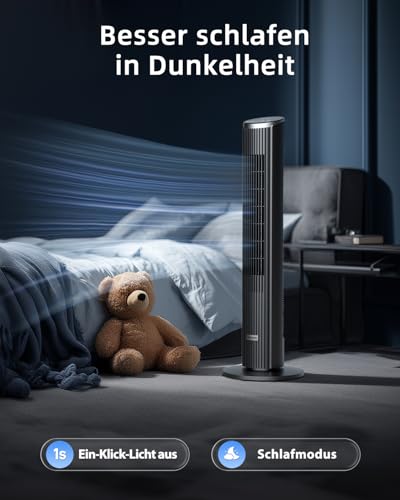 Leiser Turmventilator für Schlafzimmer, Standventilator mit Fernbedienung, 90° oszillierend, 4 Geschwindigkeiten 3 Modi 12H Timer LED-Anzeige, 91 cm Elektrischer Kühlventilator, Schwarz