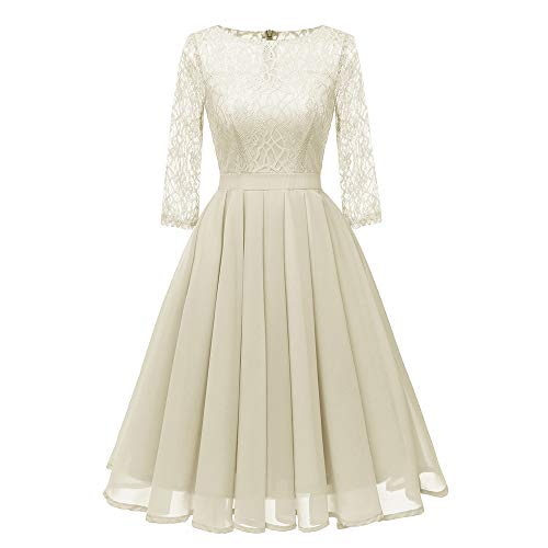 Dresses for Women Vintage Scoop Neck Floral Lace 3/4 Sleeve A-line Pleated Wing Cocktail Dress