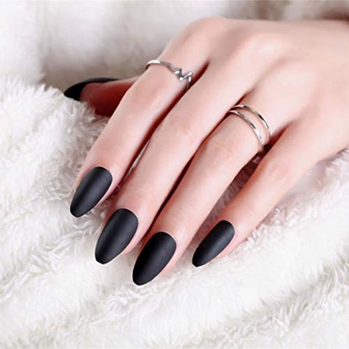 24pcs Matte Pure Color Stiletto Nails False Gel Nails Art Tips Sets Full Cover Medium Almond Shape Acrylic Fake Nail Tips Gel (Matte Black)