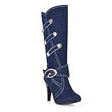 Levory J Women's Slouchy Mid Calf Denim Boots High Heels with Ankle and Top Straps