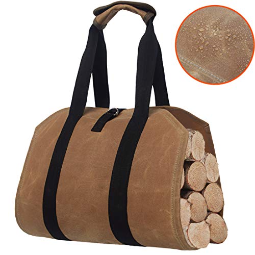 GERYMU Firewood Carrier Waxed Canvas, Tote Bag Waterproof, Fireplace Tools Wood Rack Indoor Outdoor, Fire Pit Log Accessories (Khaki)