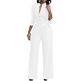 LalaLin Women's Sexy V Neck Jumpsuit Elegant 3/4 Sleeve High Waisted Long Wide Leg Pants Button Down Clubwear Rompers with Belt White