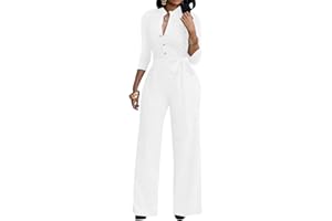 LALALIN Sexy 3/4 Sleeve Jumpsuit for Women V Neck High Waisted Long Wide Leg Pant Button Down Party Romper with Belt