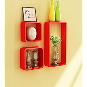 Home Sparkle Wooden Wall Cube Shelf (Set of 3, Red)