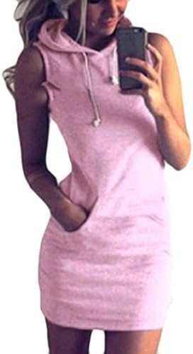 Sheng Xi Women's Drawstring Stylish Pocket Athletic Sleeveless Slim Fit Hoode Short Dress