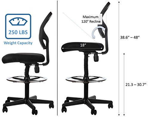 Sleekform Drafting Chair | Adjustable Stool with Wheels for Tables & Standing Desks | Reclining Backrest with Lumbar Support | Reinfored Footrest with Height Control | Breathable Mesh Back & Seat