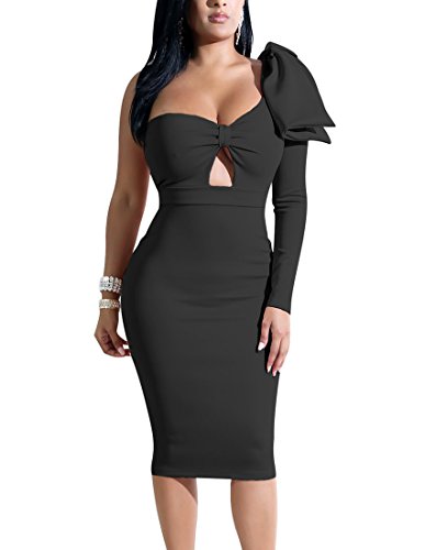 Mokoru Womens Sexy Bow One Shoulder Long Sleeve Bodycon Evening