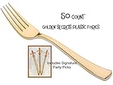 Gold Plastic Forks, PACK of 50 Golden Secrets w/Signature Party Picks