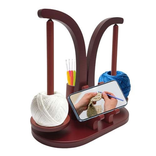 Wooden Crochet Ball Holder, Double Rod Wool Unwinder, Magnetic Wool Reel Holder with Storage Box for Knitting Accessories and Mobile Phone Holder (Retro Colour)