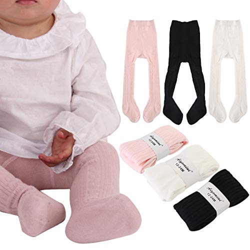 3 Pack Newborn Baby Leggings Cotton Seamless Baby Tights Toddler Infant Footed Stocking Pantyhose for Baby Boys Girls (6-12 Months, White Pink Black)