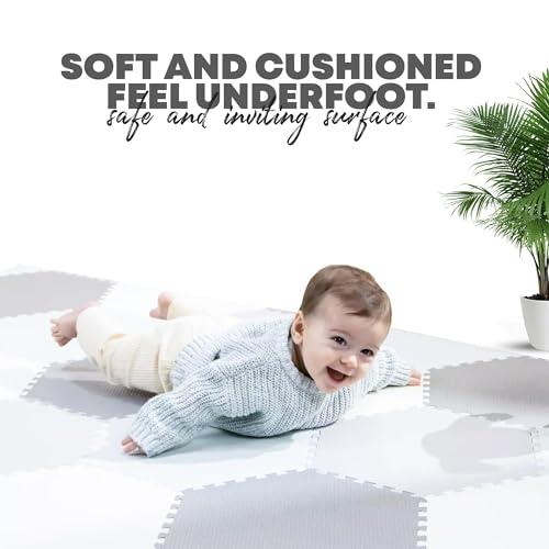 Baby Play Mat - Non-Toxic Extra-Thick Kid's Puzzle Exercise Activity Mat - Soft EVA Foam Interlocking Hexagon Floor Tiles, Grey & White, 48” x 72”