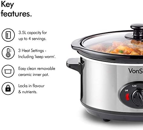 VonShef Mijoteuse électrique 3,5 L Acier Inoxydable - Autocuiseur basse température - Plat en céramique amovible avec couvercle en verre - Slow Cooker - Cuisine A Vivre VonShef Mijoteuse électrique 3,5 L Acier Inoxydable - Autocuiseur basse température - Plat en céramique amovible avec couvercle en verre - Slow Cooker