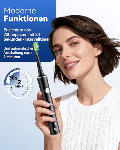 JTF Sonic Electric Toothbrush - Deep Cleaning for Sensitive Gums, 5 Modes, 45 Days Battery, 8 Heads, IPX7 Waterproof, Smart Timer, Ideal for Travel (Black)