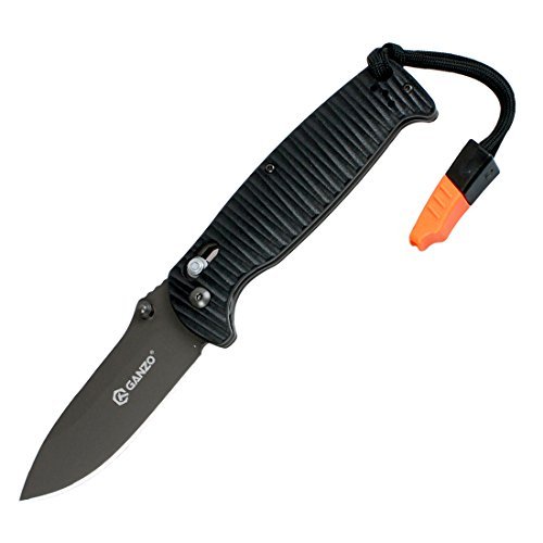 Ganzo G7413P-WS Black Folding Knife With Whistle Ribbed Handle G10 Black Blade 440c Lock Axis