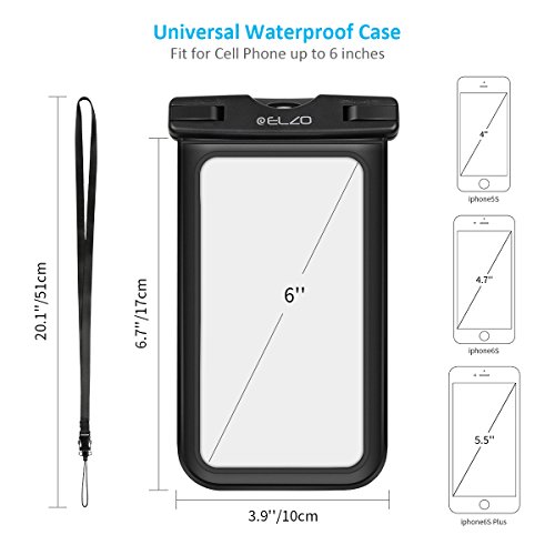 ELZO Waterproof Case, Universal IPX8 Waterproof Phone Pouch Dry Bag for iPhone 8 7 6S 6 Plus SE, Samsung Galaxy S8 S7 S6 Edge, LG, HTC, Sony, Nokia up to 6” Diagonal (2 Pack)