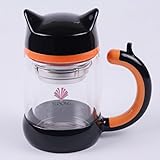 YUSONG Owl Teapot Glasss Cup Mugs Glass Cups Double Insulated Wall Mug Cute Mugs with Handle for Tea (small Strainer) Coffee Milk for Christmas Gift (Black)