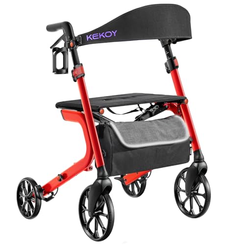 Kekoy Bariatrico Resistente Deambulatore per Anziani 4 Ruote, Pieghevole, 226 kg Portata, Sedile 50 cm Extra Largo, Ruote 25 cm Per Tutti I Terreni, Altezza Regolabile, Freni con Cavi Nascosti, Rosso