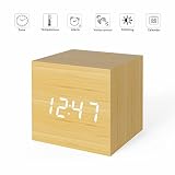 Digital Alarm Clock, Micar Wood LED Light Mini Modern Cube Desk Alarm Clock Displays Time Date Temperature for Kids, Bedrooms, Home, Dormitory, Travel