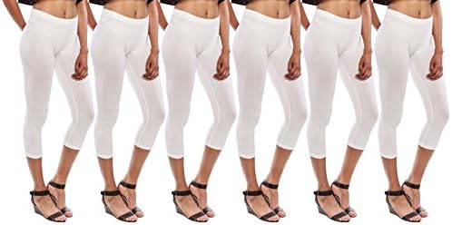 Womens Capri Tights, 6 Pairs, Footless Nylon Comfortable Stretchy Pants, Bulk pack (White, 6)
