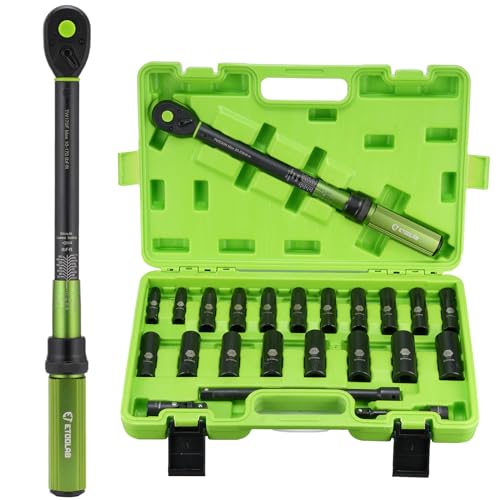 Photo 1 of etoolab 1/2" Drive Click Torque Wrench with Deep Impact Socket (6~24mm),Dual-Range?10-170ft.lb/13.6-230.5Nm?±3% Precision,10" Extension Bar,Universal Joint,Drill Adapter