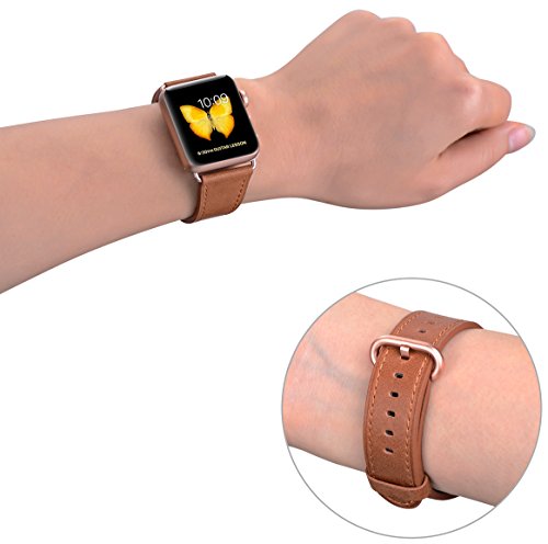JSGJMY Compatible for Iwatch Band 42mm 44mm Women Genuine Leather Replacement Strap Compatible for Series 4 3 2 1 Sport Edition,Caramel+Series 4/3 Gold Clasp
