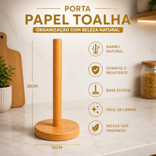 Suporte Porta Papel Toalha de Bambu Natural Cozinha Vertical 28cm - Premium