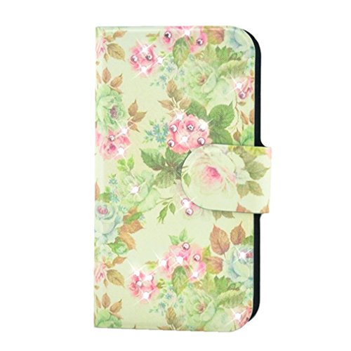 Generic Rhinestone Green Leaves Pink Flower Design Card Slot Magnetic PU Leather Flip Case Cover Compatible For Hisense EG971 U971