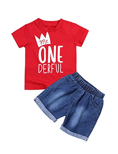 Toddler Baby Boy Clothes First Birthday Outfit Summer T-Shirt Denim Shorts Outfits Set Clothes (Red, 6-12 Months) - Thumbnail 7