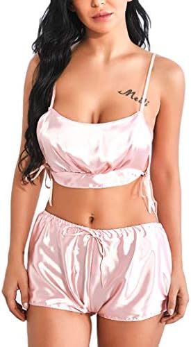 AHAYAKU Women Satin Silk Bowknot Camisole Shorts Set Sleepwear Pajamas Bandage Lingerie 2019 Summer