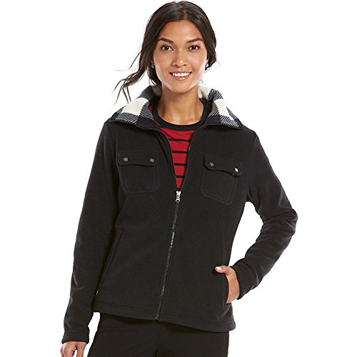 Chaps Sport Women's Fleece Jacket, Full Zip, Plaid Collar, Black, X