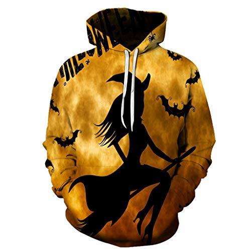 Jessie storee Helloween Hooded Sweatshirt 3D Printed Witch Bat Silhouette Print Pullover Hoodie for Men Couples Unisex Horror Clothing Large Size Sweater Loose Baseball Uniform Tide,Yellow,L - Thumbnail 2