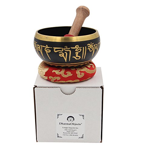 DharmaObjects Medium~ Tibetan OM MANI Singing Bowl Set ~ With Mallet, Brocade Cushion & Carry Bag ~ For Meditation, Chakra Healing, Prayer, Yoga
