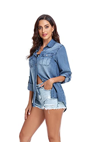 WOMEN’S LONG SLEEVE BUTTON DENIM SHIRT V NECK COTTON CLASSIC CASUAL JEAN SHIRTS FOR WOMEN BLUE