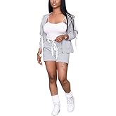 BFFBABY Women's 3 Piece Bodycon Outfits Long Sleeve Zip-up Hoodie & Shorts Tracksuits Casual Jumpsuits Sweatsuit X-Large
