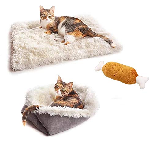 BRONG Plush Cat Bed Super Soft Pet Bed for Cats and Small Dogs Washable Detachable 2 in 1 Fluffy Pet Cushion Bed Slef Warming Kitten Puppy Sleeping With Sounding Chicken Leg Toy