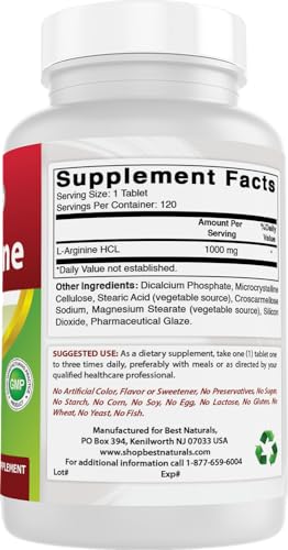 (New Improved Formula) Best Naturals L-Arginine 1000 mg 120 Tablets - Pharmaceutical Grade L Arginine Supplement Promotes Nitric Oxide Synthesis