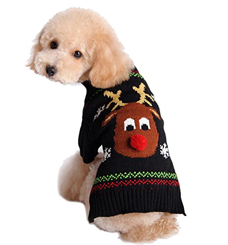 Moolecole Puppy Dog Christmas Knitted Sweater Reindeer Sweatshirt Clothes Pet Winter Knitwear Coat Warm Hoodies Apparel Black S